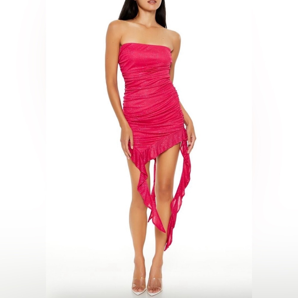 NWT Forever 21 Ruffle Pink Glitter Ruched Strapless Tube Dress